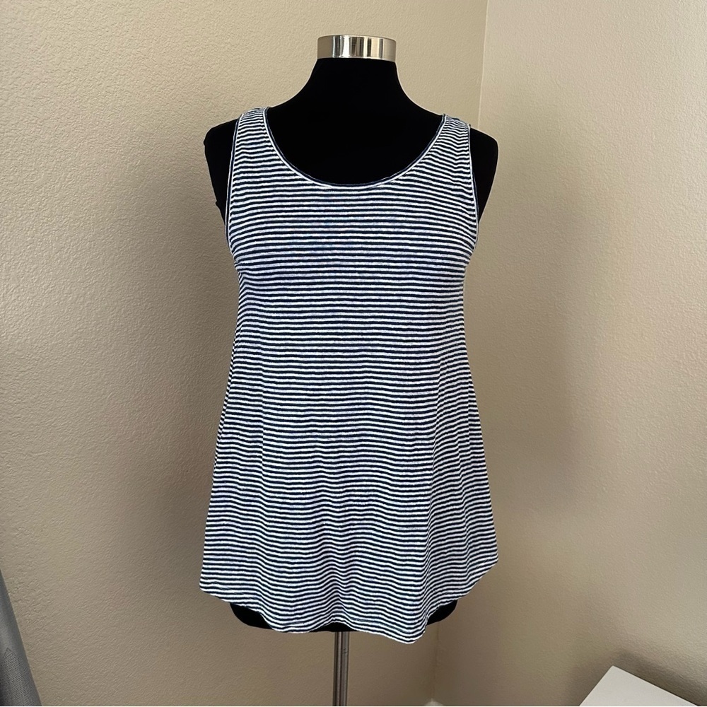 Eileen Fisher Striped 100% Linen Sleeveless Navy Blue Tank Top Size L/P